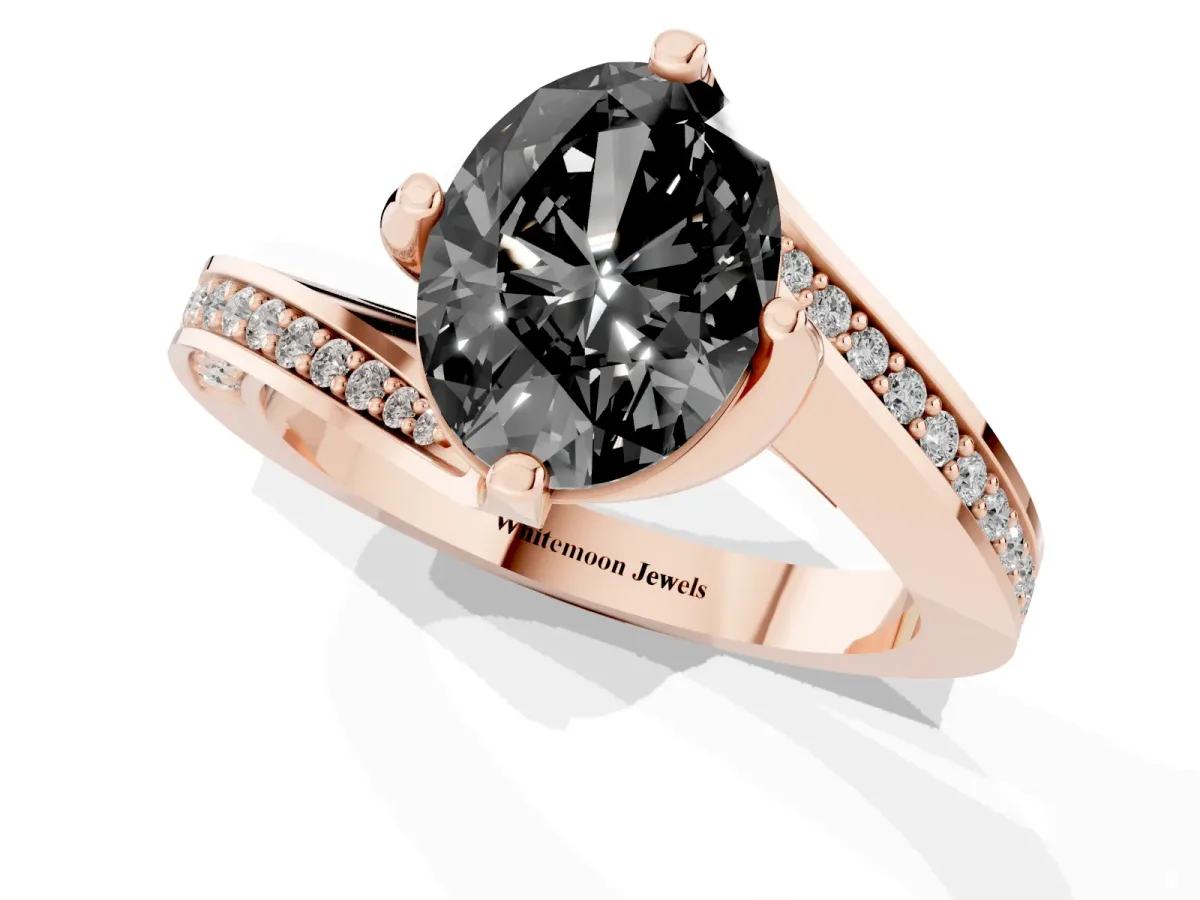 Fancy Black Oval Cut Solitaire Diamond Twist Band with Pavé Setting and Four-Prong Setting Rose gold