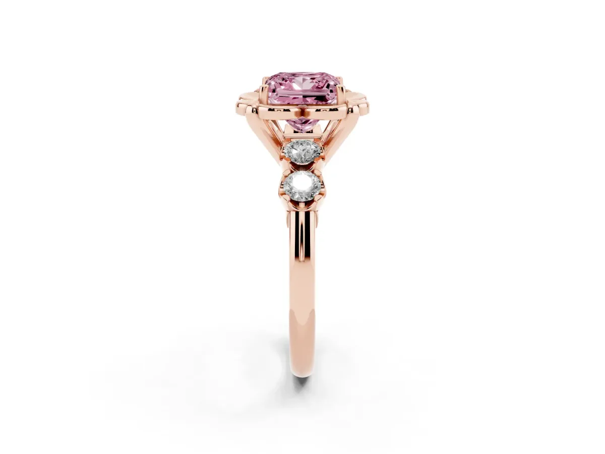 Fancy Pink Princess Cut Cut Diamond Floral Halo Engagement Ring with Shared Prong Setting Rose gold