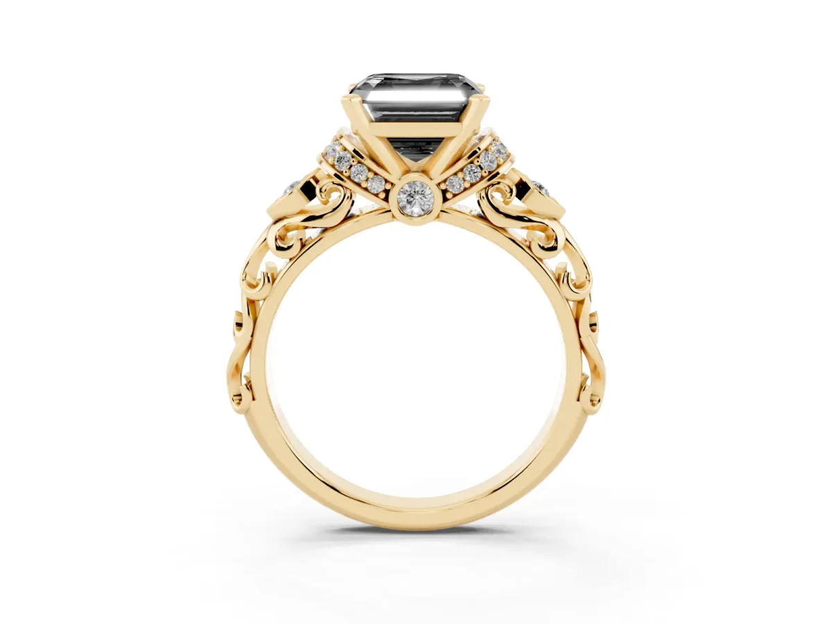 Fancy Black Asscher Cut Diamond Solitaire Ring with Filigree Band and Four-Prong Setting Yellow gold