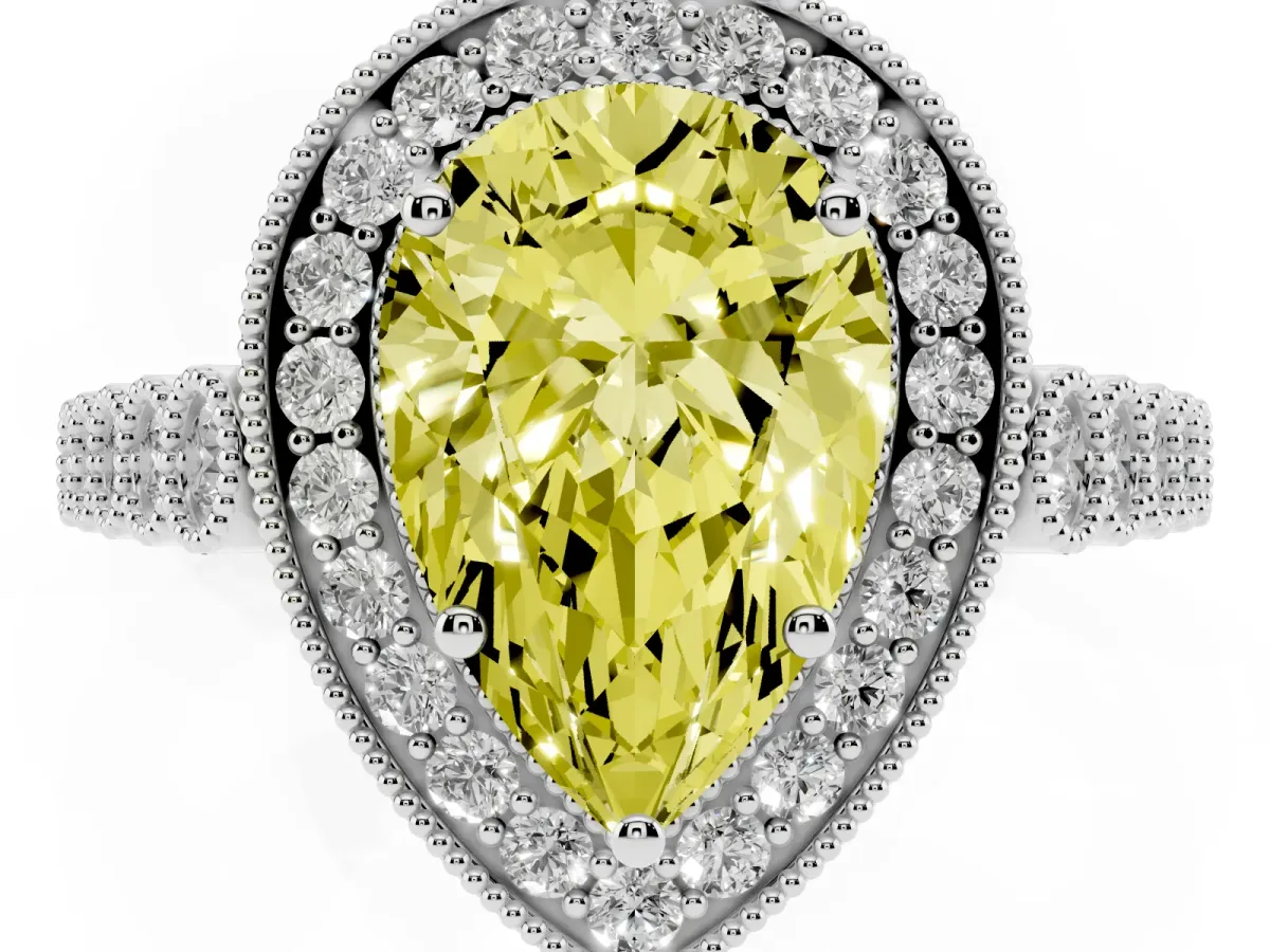 Fancy Yellow Pear Cut Halo Milgrain Solitaire with Bezel Set Side Stones and Pave Band Silver