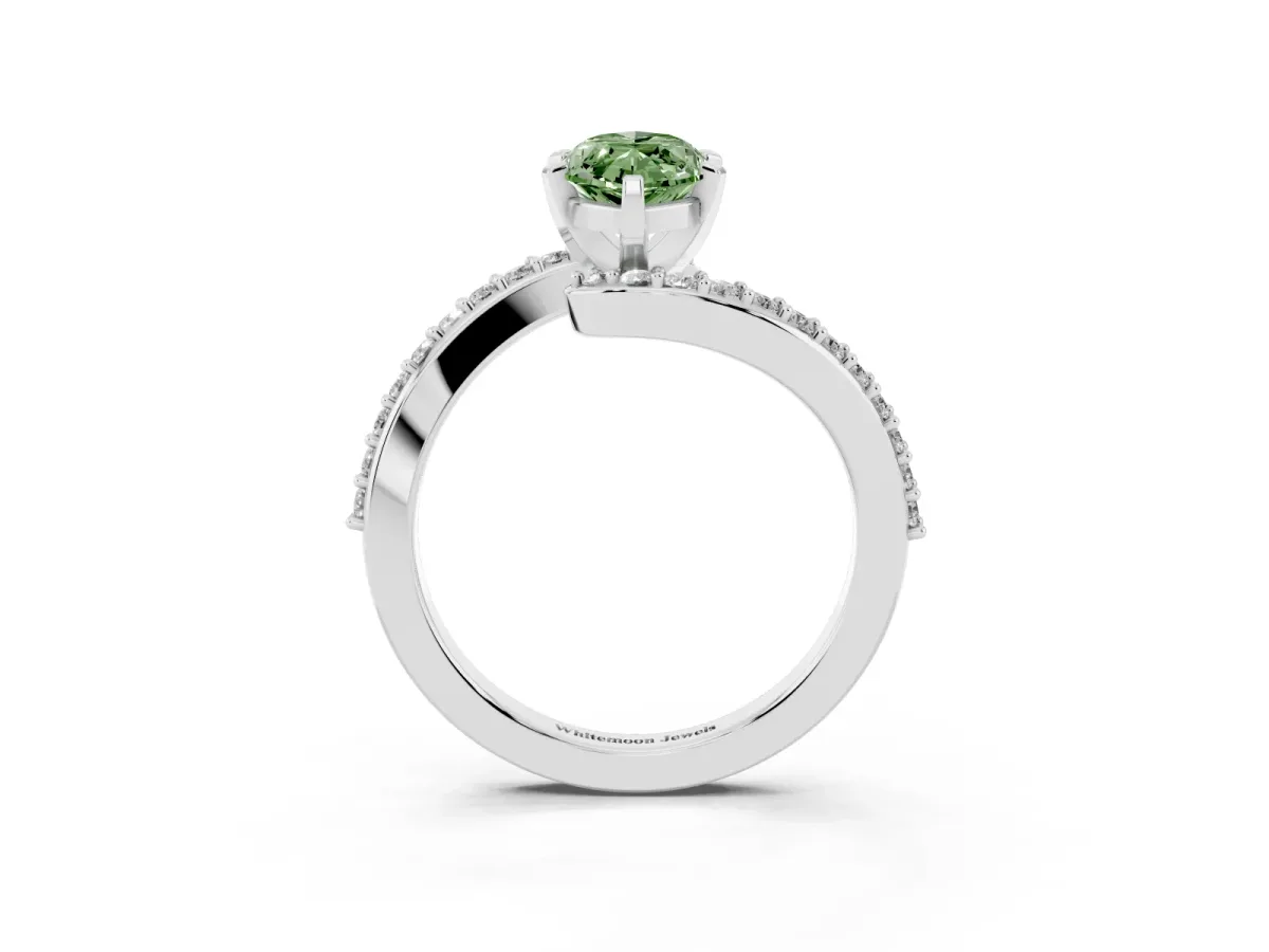 Fancy Green Marquise Cut Solitaire Twist Band with Pave Set Diamonds and Four-Prong Setting White gold