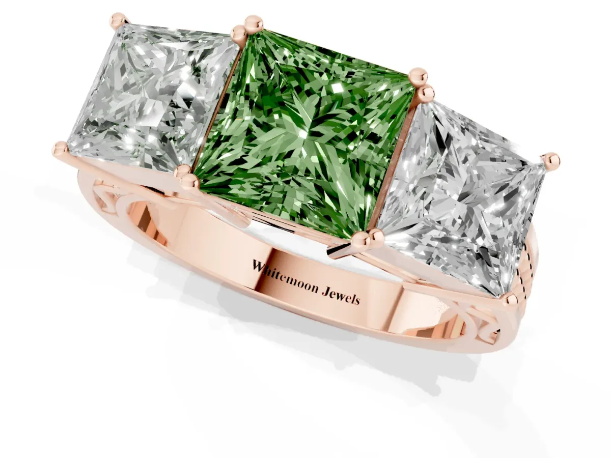 Fancy Green Princess Cut Diamond Three-Stone Ring with Prong Setting and Textured Band Rose gold
