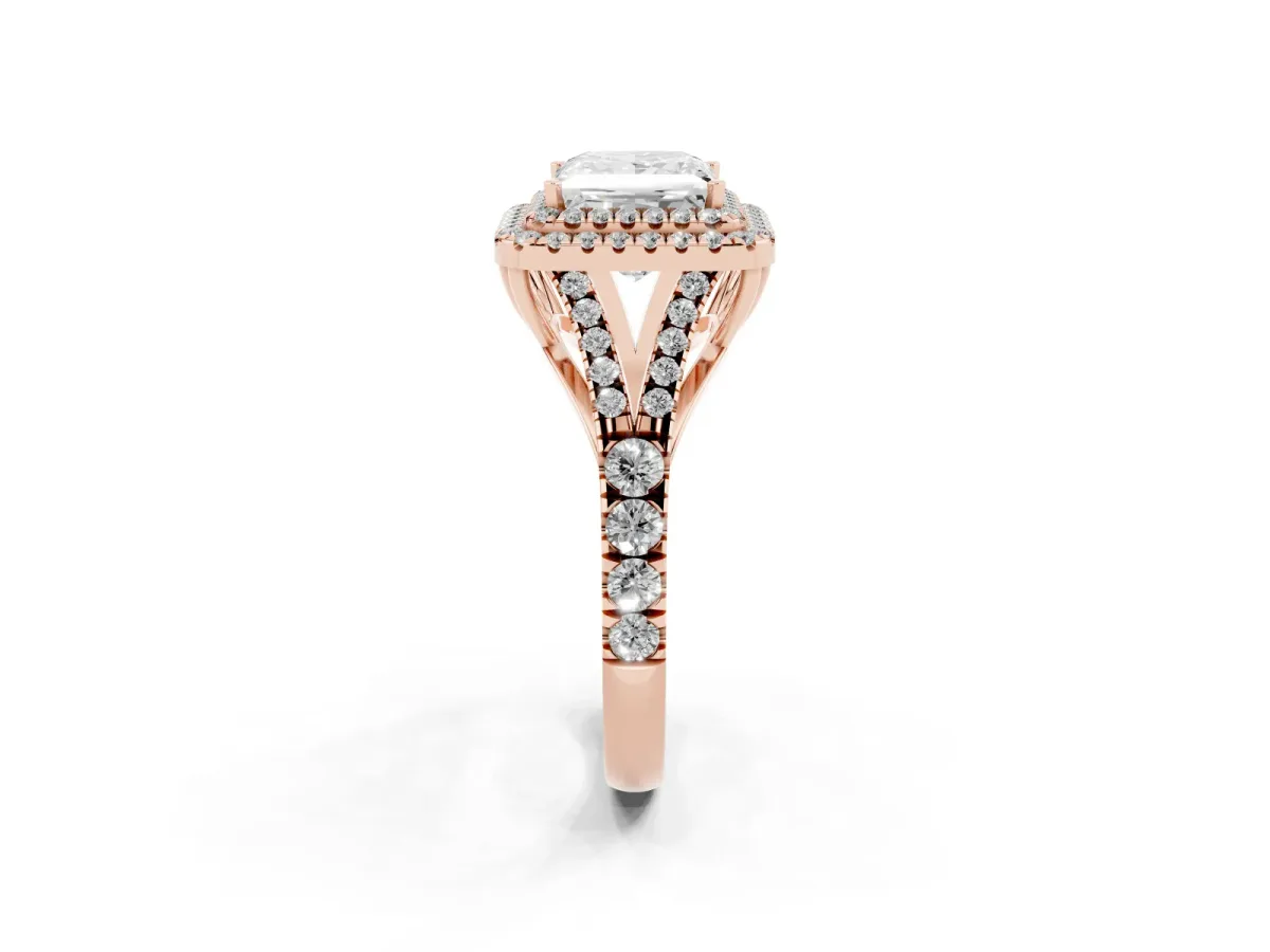 Princess Cut Cut Double Halo Split Shank Diamond Ring with Prong Setting Rose gold