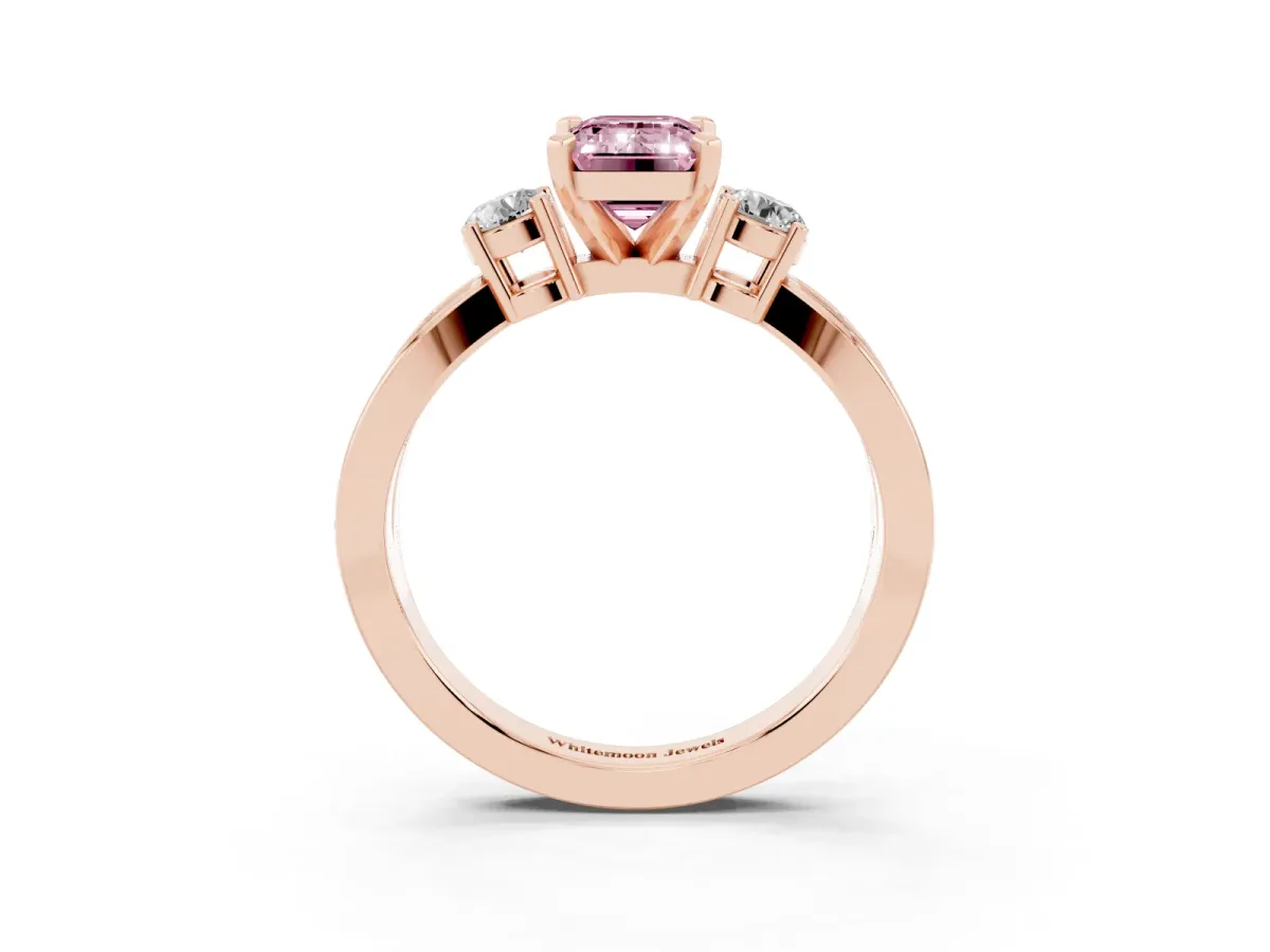 Fancy Pink Three-Stone Emerald Cut Cut Diamond Twist Band with Prong Setting Rose gold