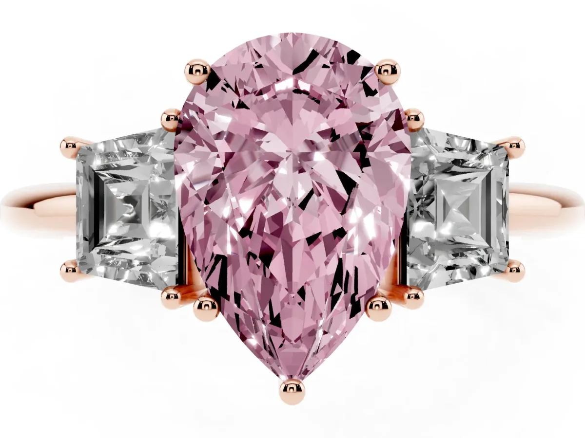 Fancy Pink Pear Cut Diamond Three-Stone Ring with Trapezoid Side Stones and Prong Setting Rose gold