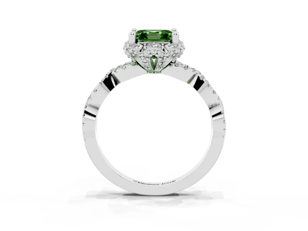 Fancy Green Asscher Cut Halo Twist Band Solitaire Ring with Six-Prong Setting Silver