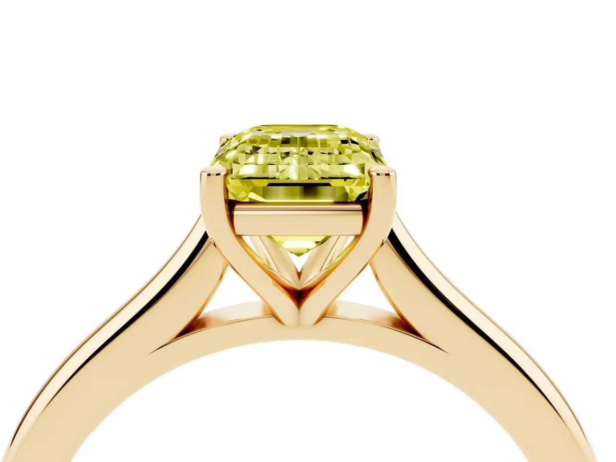 Fancy Yellow Emerald Cut Cut Solitaire Ring with Cathedral Band and Four-Prong Setting Yellow gold