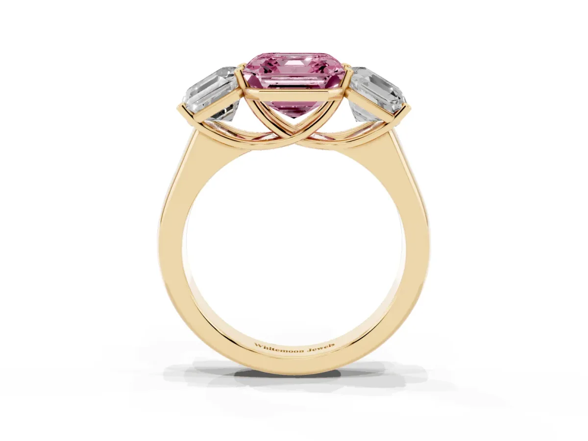 Fancy Pink Asscher Cut Three-Stone Diamond Ring with Prong Setting on a Classic Band Yellow gold