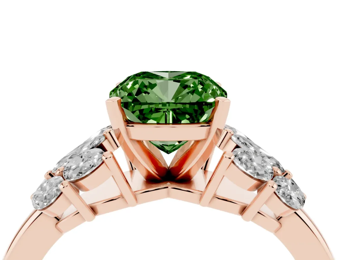 Fancy Green Cushion Cut Diamond Cluster Leaf Design Ring with Prong Setting Rose gold