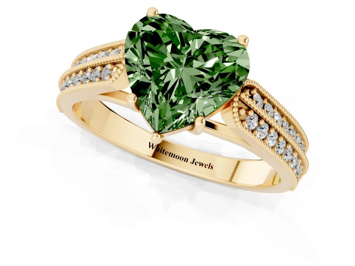 Fancy Green Heart Cut Cut Pave Split Shank Engagement Ring with Four-Prong Setting Yellow gold