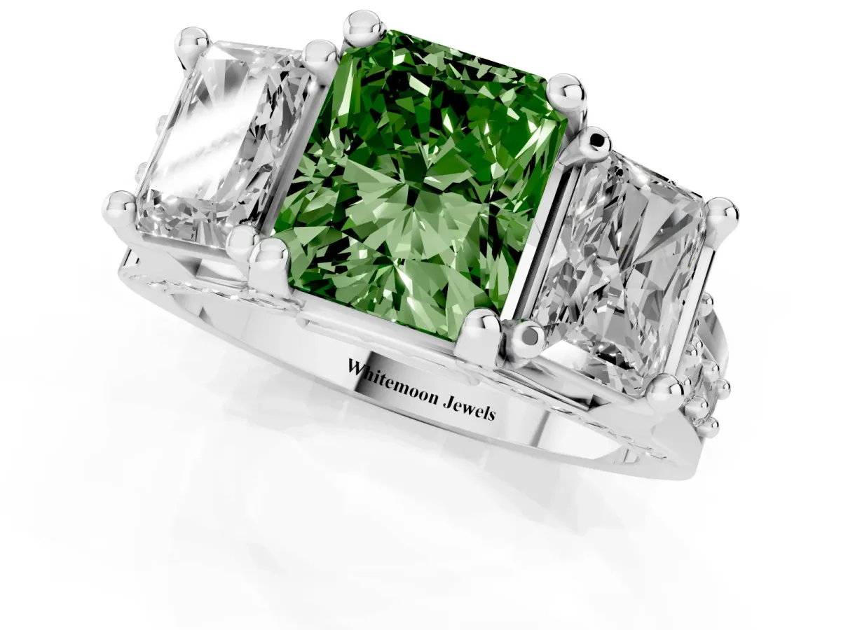Fancy Green Radiant Cut Diamond Three-Stone Ring with Channel Set Band and Four-Prong Setting Silver