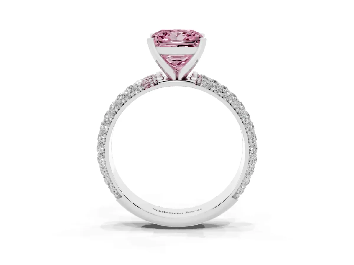 Fancy Pink Princess Cut Diamond Solitaire Ring with Prong Setting and Pavé Band Platinum