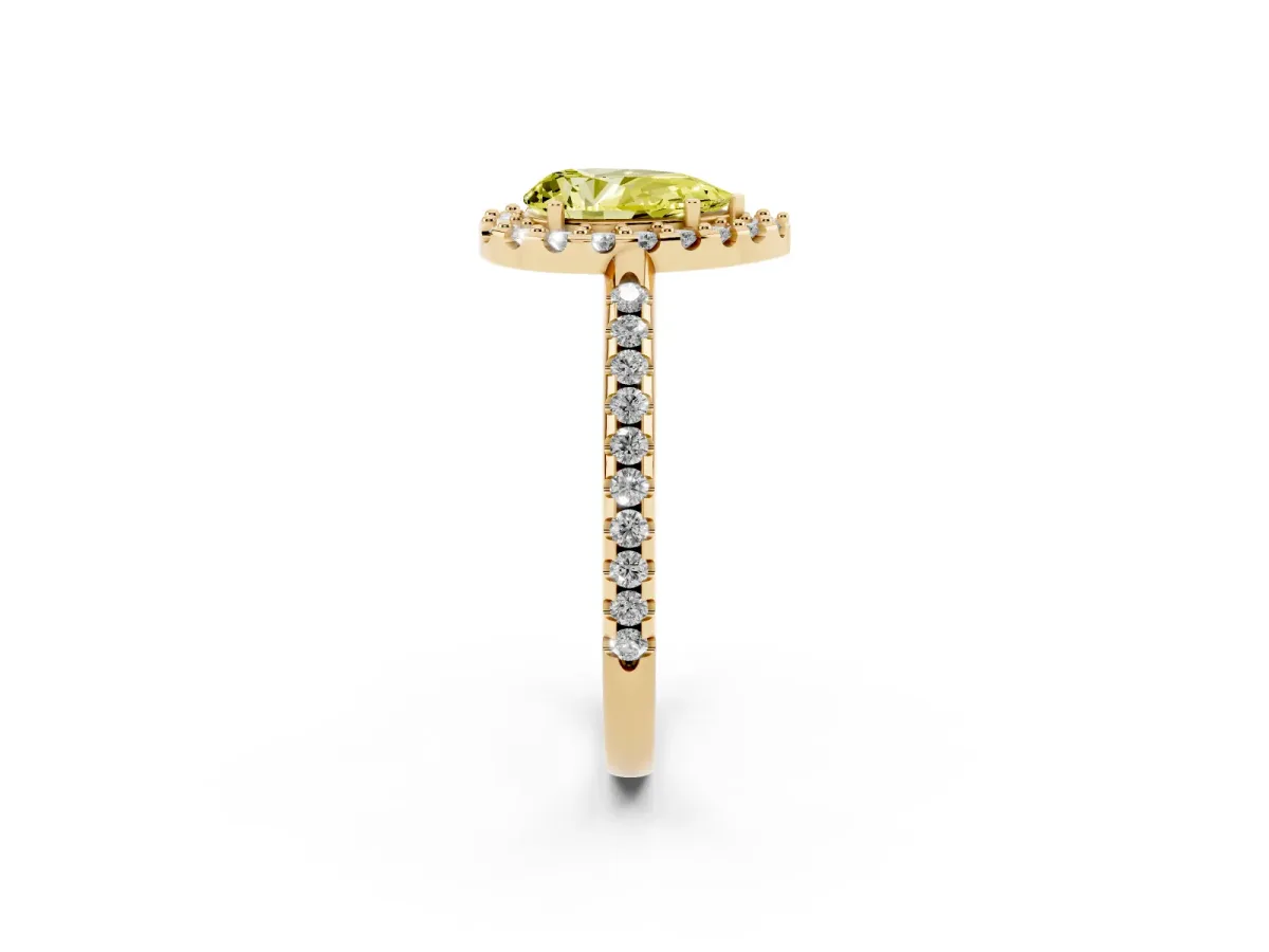 Fancy Yellow Pear Cut Diamond Pavé Halo Ring with Four-Prong Setting Yellow gold