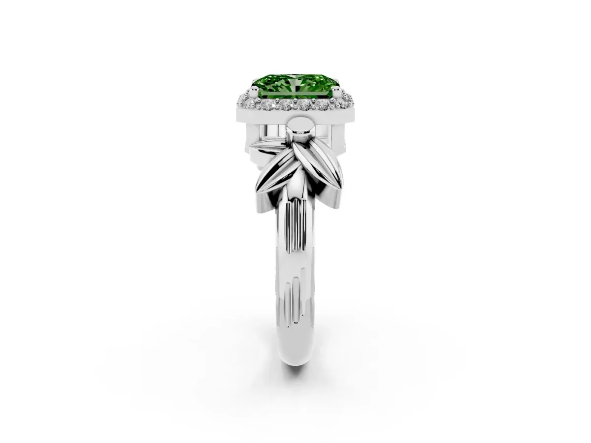 Fancy Green Radiant Cut Halo Diamond Floral Band with Four-Prong Setting Silver