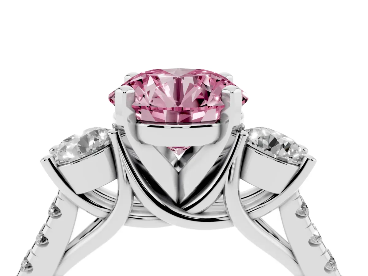 Fancy Pink Three-Stone Round Cut Diamond Pavé Band with Four-Prong Setting Platinum