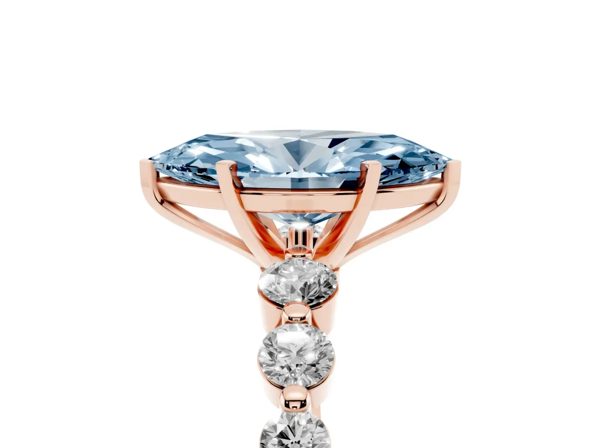 Fancy Blue Marquise Cut Solitaire Diamond Ring with Pave Band and Four-Prong Setting Rose gold