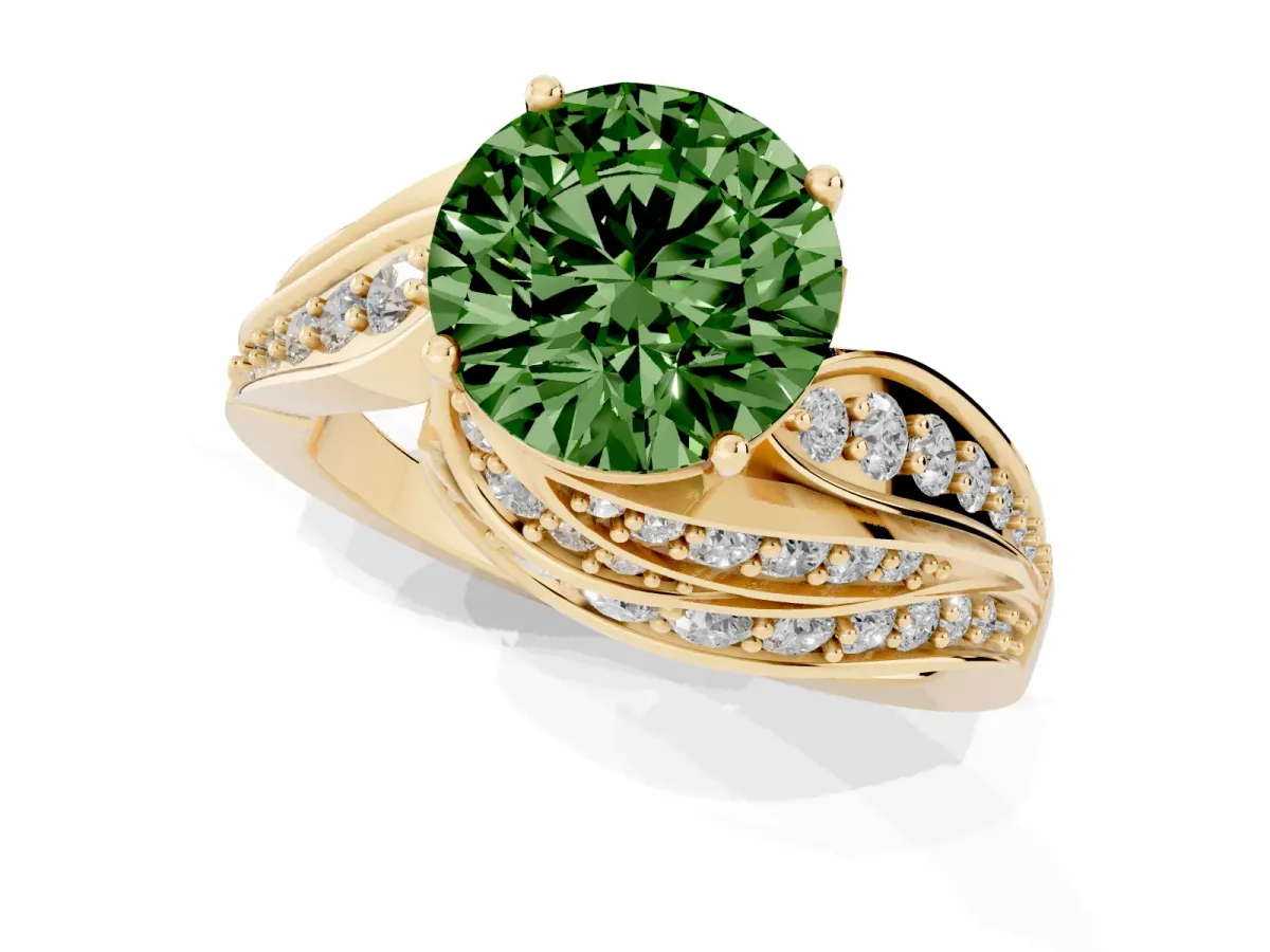 Fancy Green Round Cut Diamond Solitaire Ring with Prong Setting and Twisted Pavé Band Yellow gold