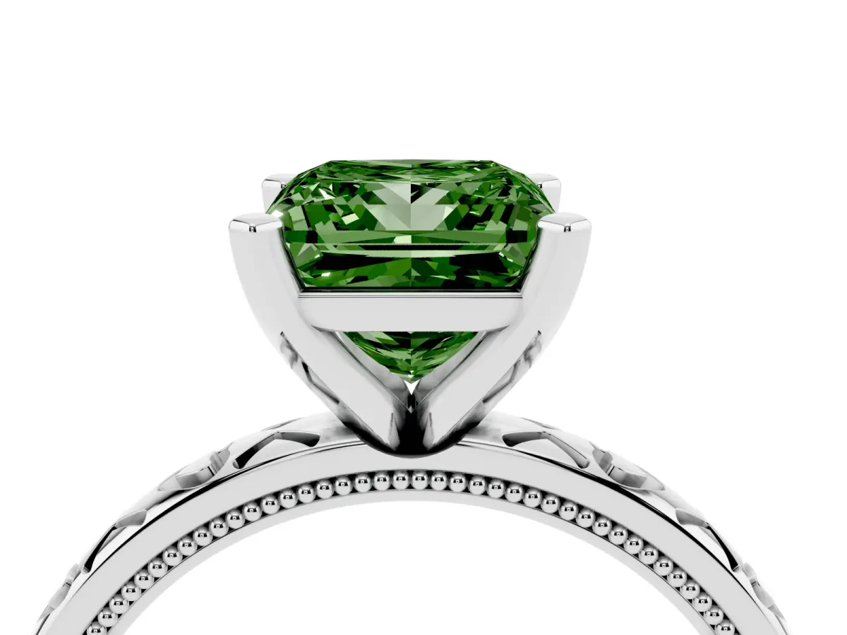 Fancy Green Princess Cut Solitaire Diamond Engagement Ring with XO Engraved Band and Four-Prong Setting Silver