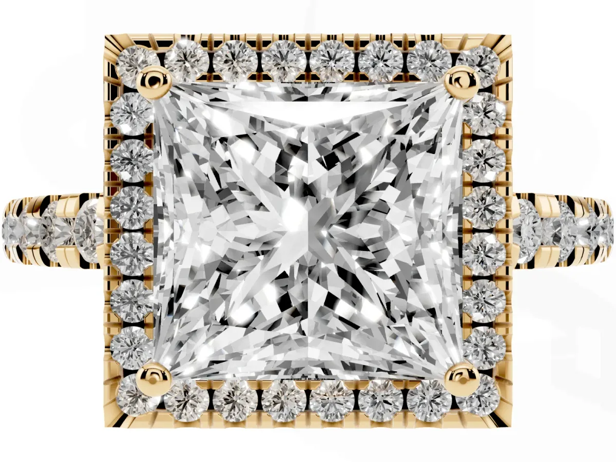 Princess Cut Diamond Halo Ring with Pavé Band and Four-Prong Setting Yellow gold