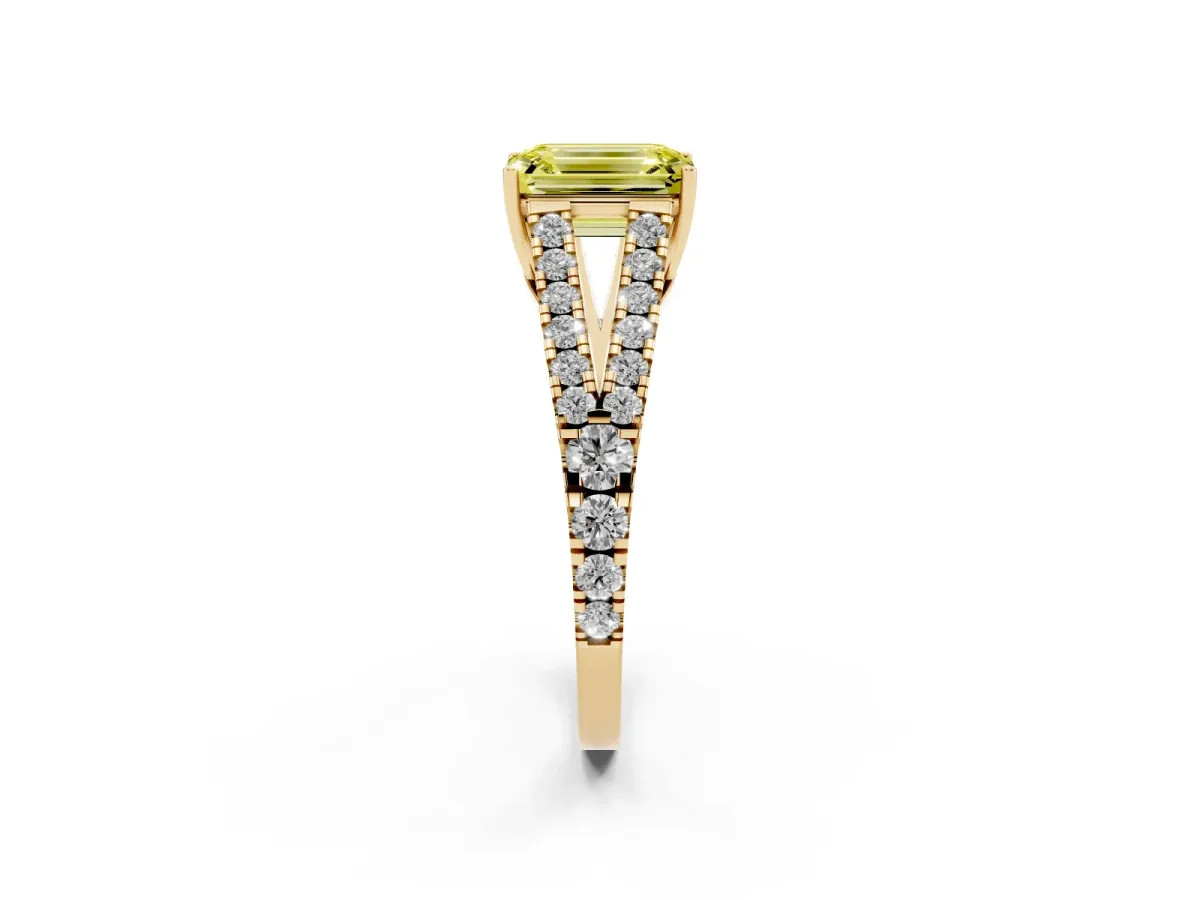 Fancy Yellow Emerald Cut Diamond Split Shank Pavé Engagement Ring with Four-Prong Setting Yellow gold