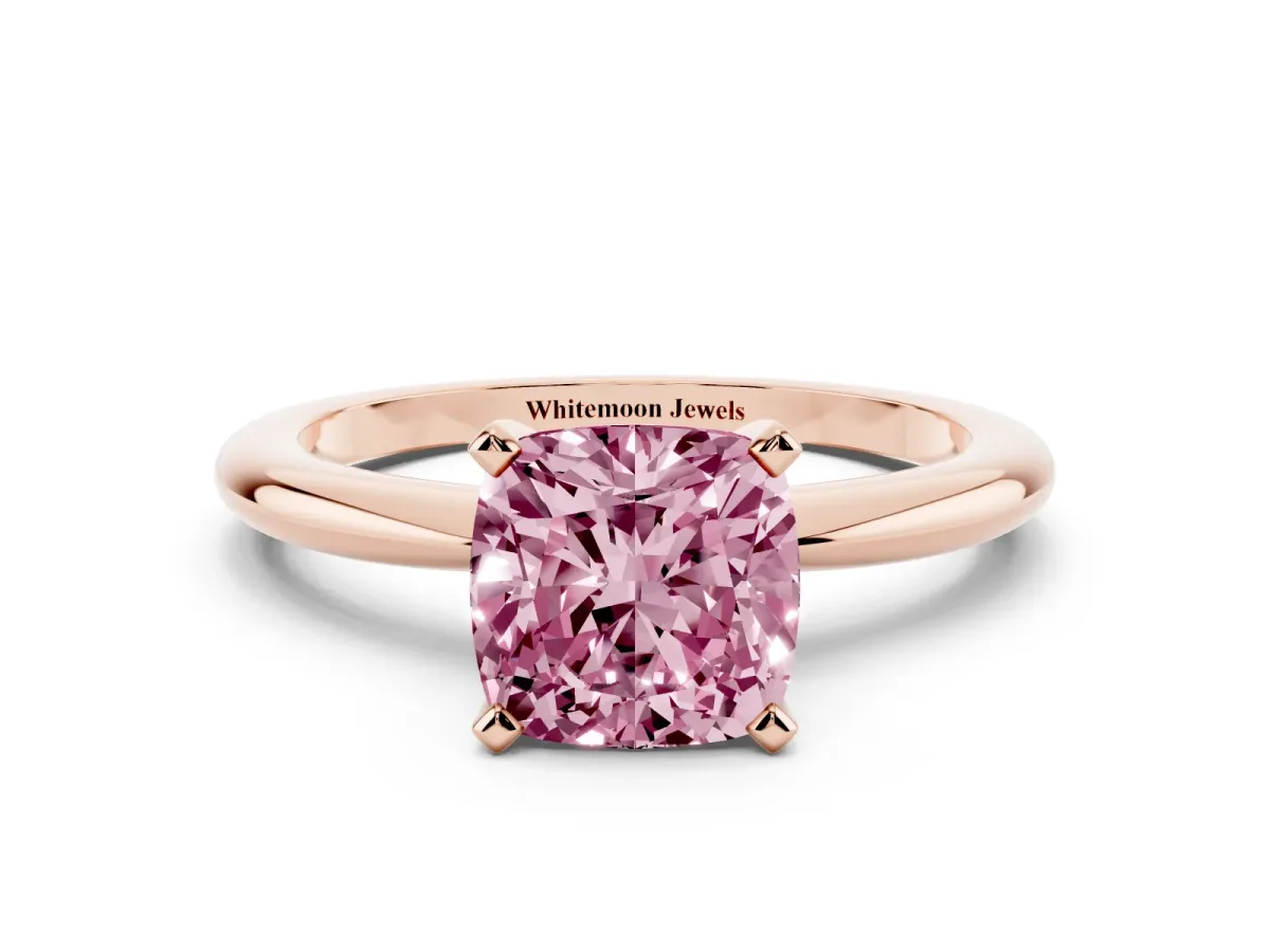 Fancy Pink Cushion Cut Diamond Solitaire Ring with Prong Setting and Classic Band Rose gold