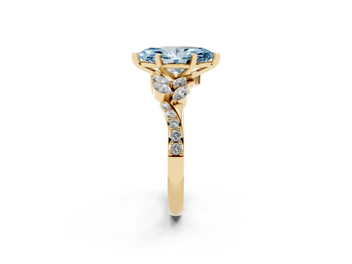 Fancy Blue Marquise Cut Solitaire Marquise Twist Band with Six-Prong Setting Yellow gold