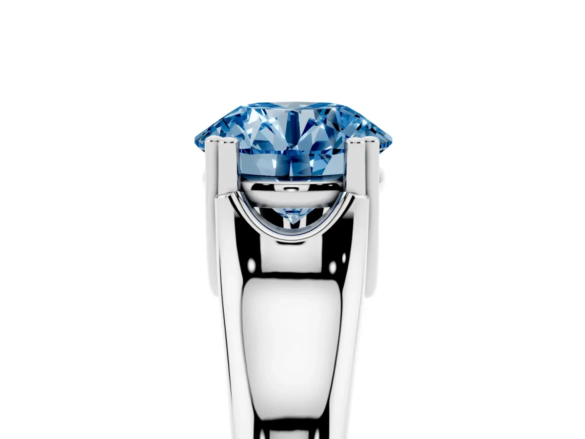 Fancy Blue Round Cut Diamond Solitaire Ring with Wide Band and Prong Setting Silver