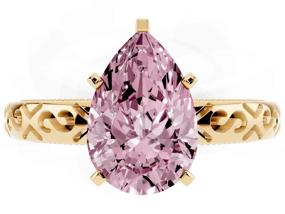 Fancy Pink Pear Cut Solitaire Engagement Ring with Scrollwork Band and Four-Prong Setting Yellow gold