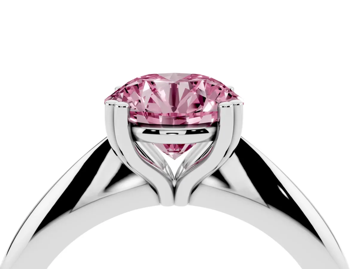 Fancy Pink Round Cut Cut Solitaire Engagement Ring with Tapered Band and Four-Prong Setting Silver