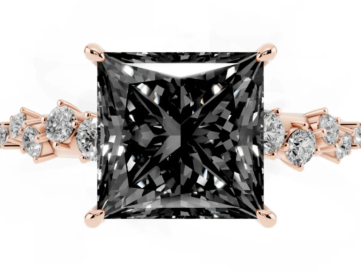 Fancy Black Princess Cut Diamond Cluster Side Stone Solitaire Ring with Prong Setting Rose gold