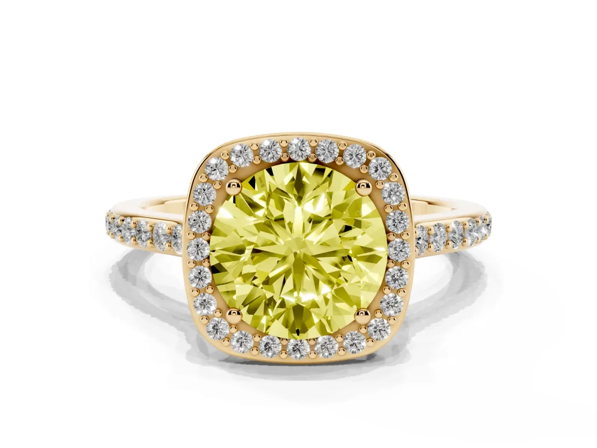Fancy Yellow Round Cut Diamond Halo Engagement Ring with Round Pavé Shoulders and Prong Setting Yellow gold