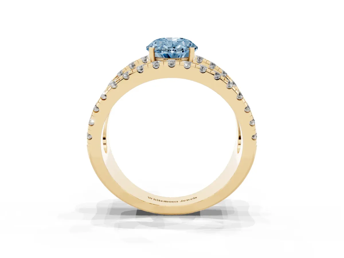 Fancy Blue Oval Cut Solitaire Split Shank Pave Diamond Ring Yellow gold