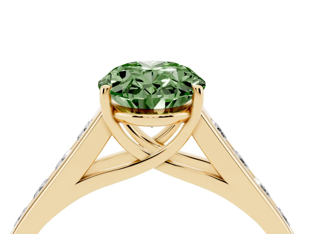 Fancy Green Oval Cut Brilliant Channel-Set Solitaire Ring with Four-Prong Setting Yellow gold