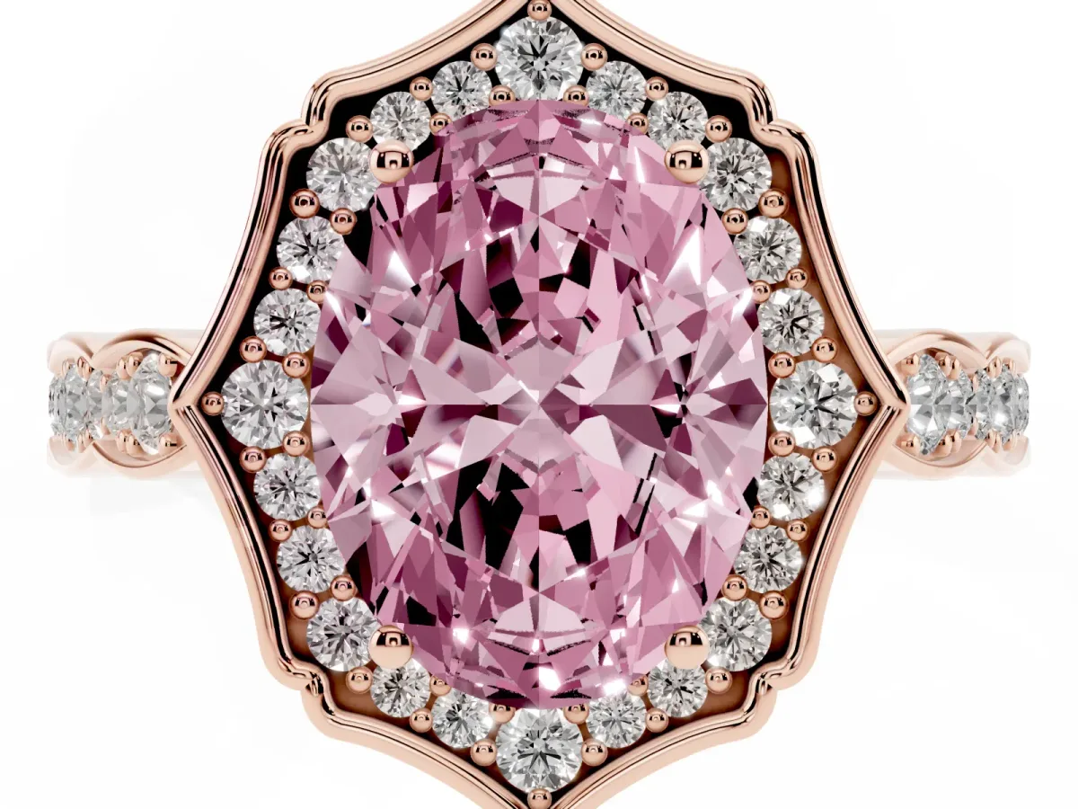 Fancy Pink Oval Cut Halo Diamond Engagement Ring with Milgrain Band and Four-Prong Setting Rose gold