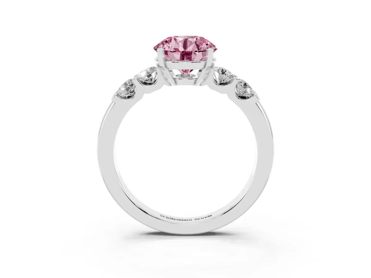 Fancy Pink Round Cut Brilliant Cut Diamond Five-Stone Prong Set Engagement Ring with Channel Band Platinum