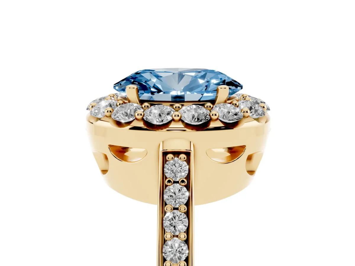 Fancy Blue Oval Cut Diamond Floral Halo Ring with Pavé Band and Prong Setting Yellow gold