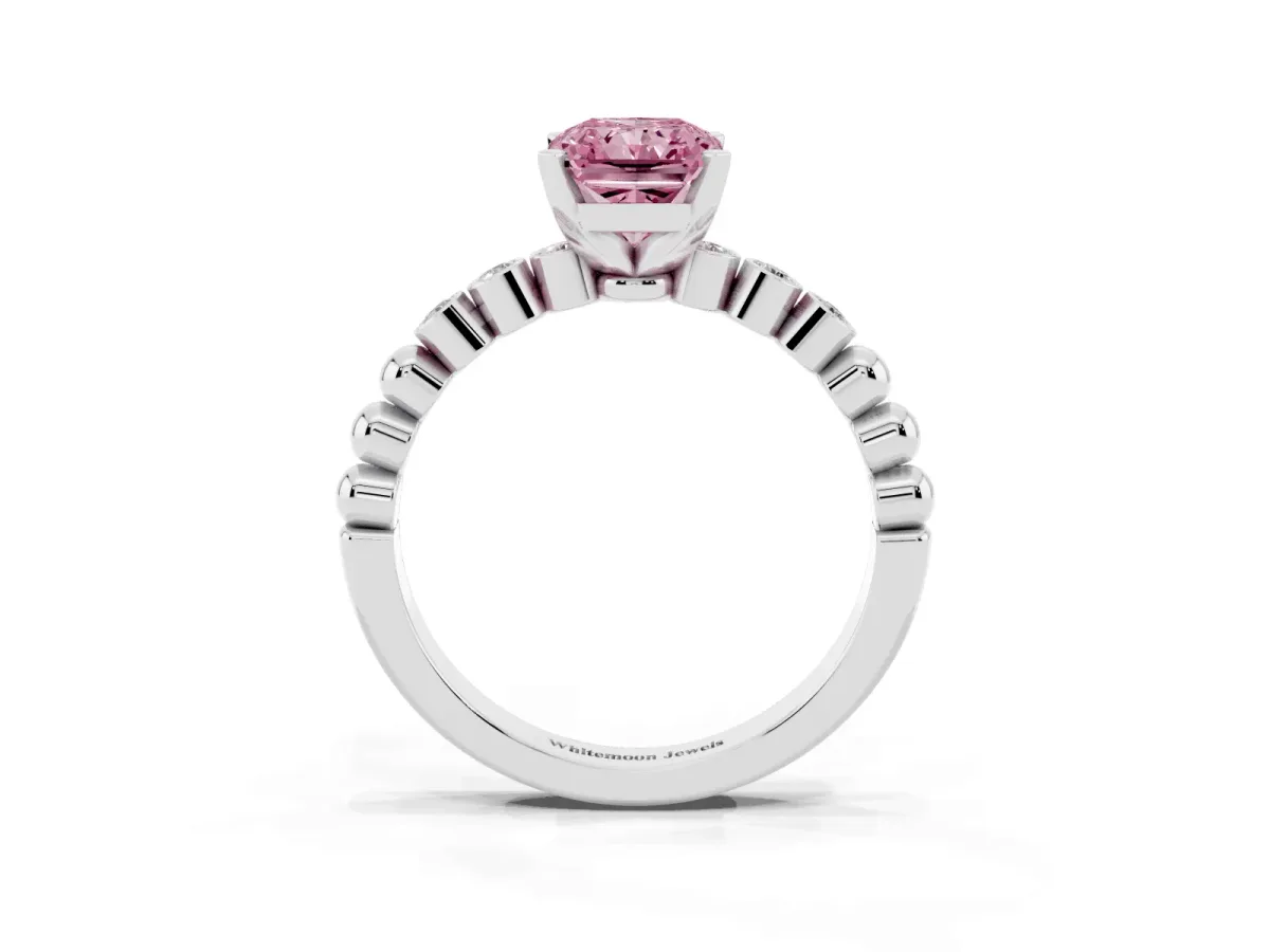 Fancy Pink Radiant Cut Solitaire Bezel Accent Diamond Engagement Ring with Beaded Band and Four-Prong Setting Silver