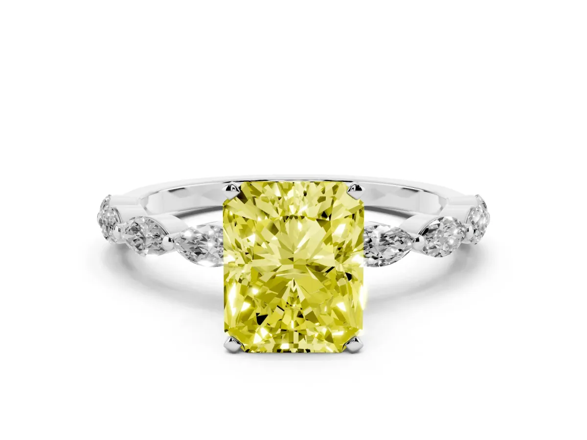 Fancy Yellow Radiant Cut Diamond Ring with Marquise Side Stones and Prong Setting Platinum