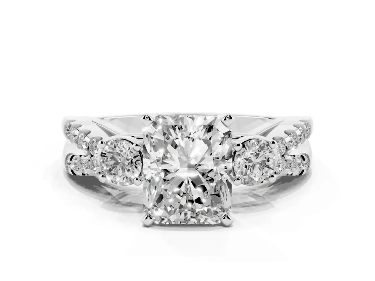 Radiant Cut Diamond Three-Stone Ring with Pavé Split Shank and Four-Prong Setting Silver
