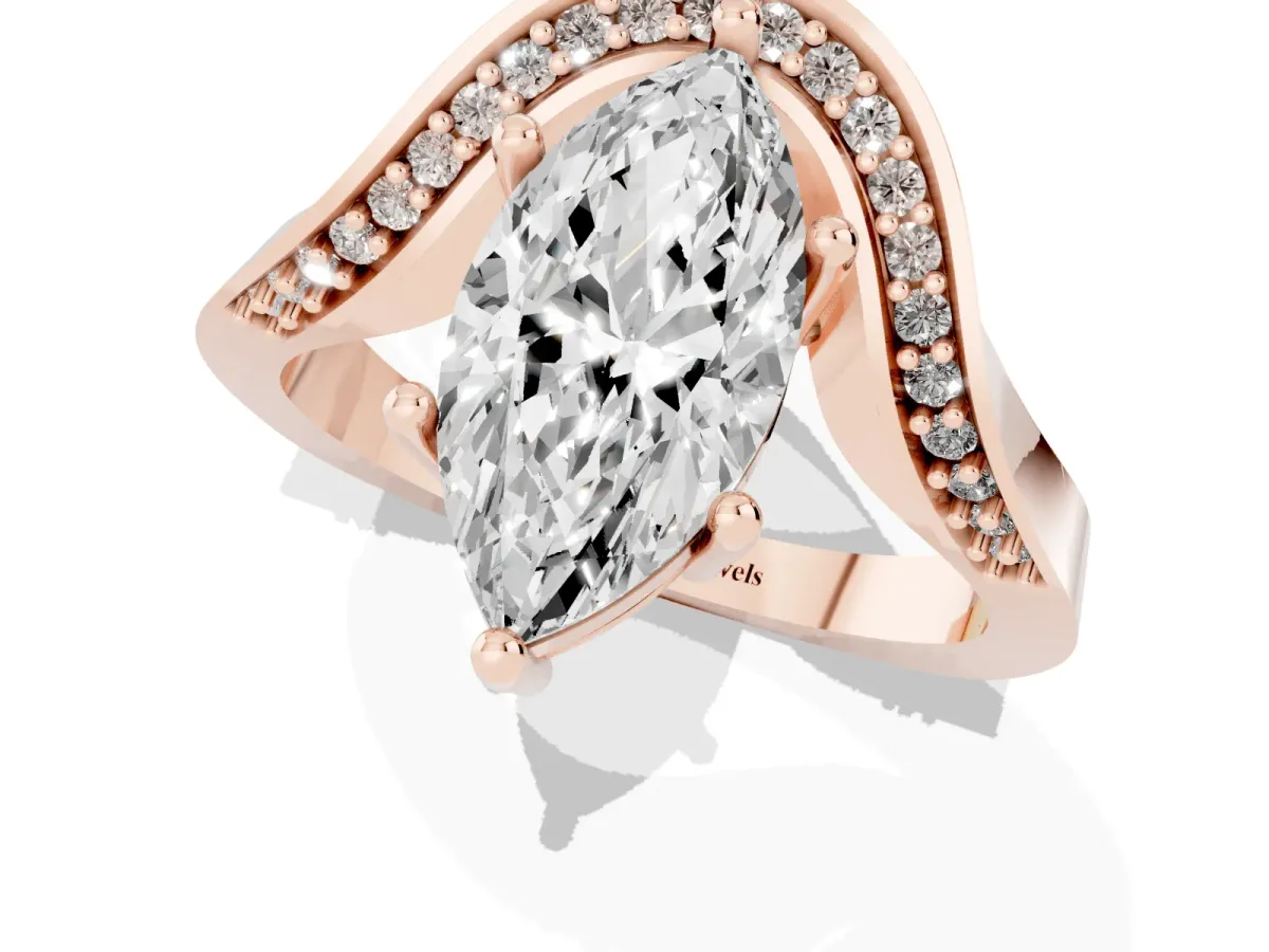 Marquise Cut Solitaire Diamond Engagement Ring with Pave Band and Four-Prong Setting Rose gold