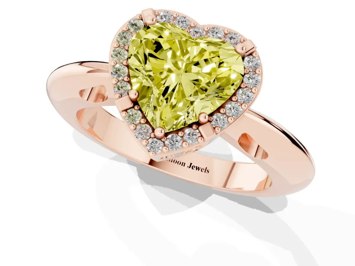 Fancy Yellow Heart Cut Cut Diamond Halo Engagement Ring with Split Shank and Four-Prong Setting Rose gold