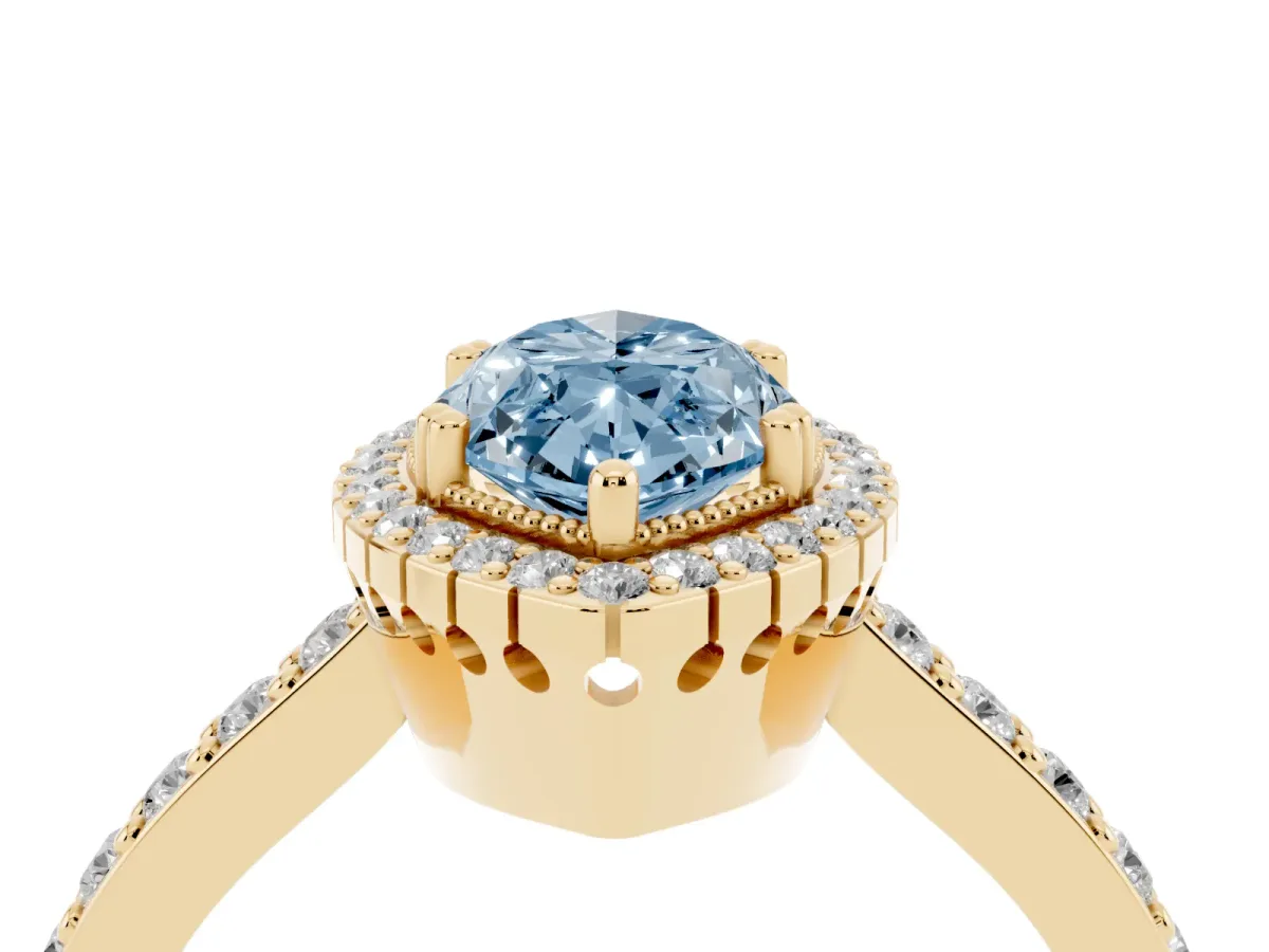 Fancy Blue Marquise Cut Cut Diamond Halo Engagement Ring with Milgrain Detail and Pavé Band Yellow gold