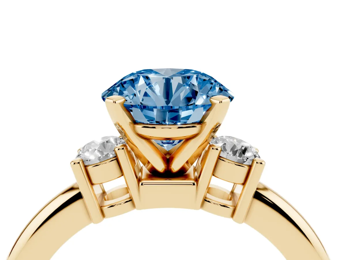 Fancy Blue Three-Stone Round Cut Cut Diamond Solitaire with Prong Setting and Classic Band Yellow gold