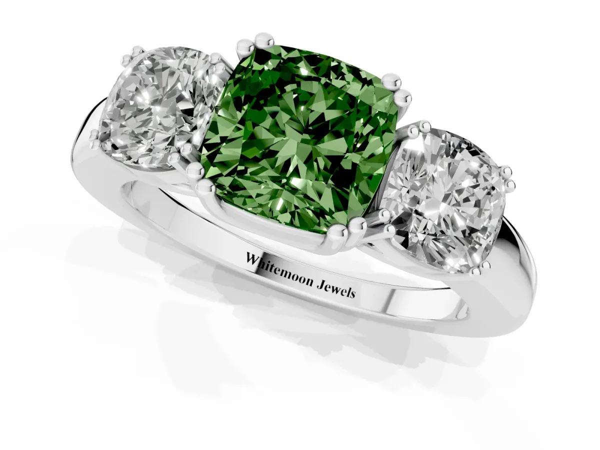 Fancy Green Three-Stone Cushion Cut Cut Diamond Ring with Channel Set Band and Four-Prong Setting Silver