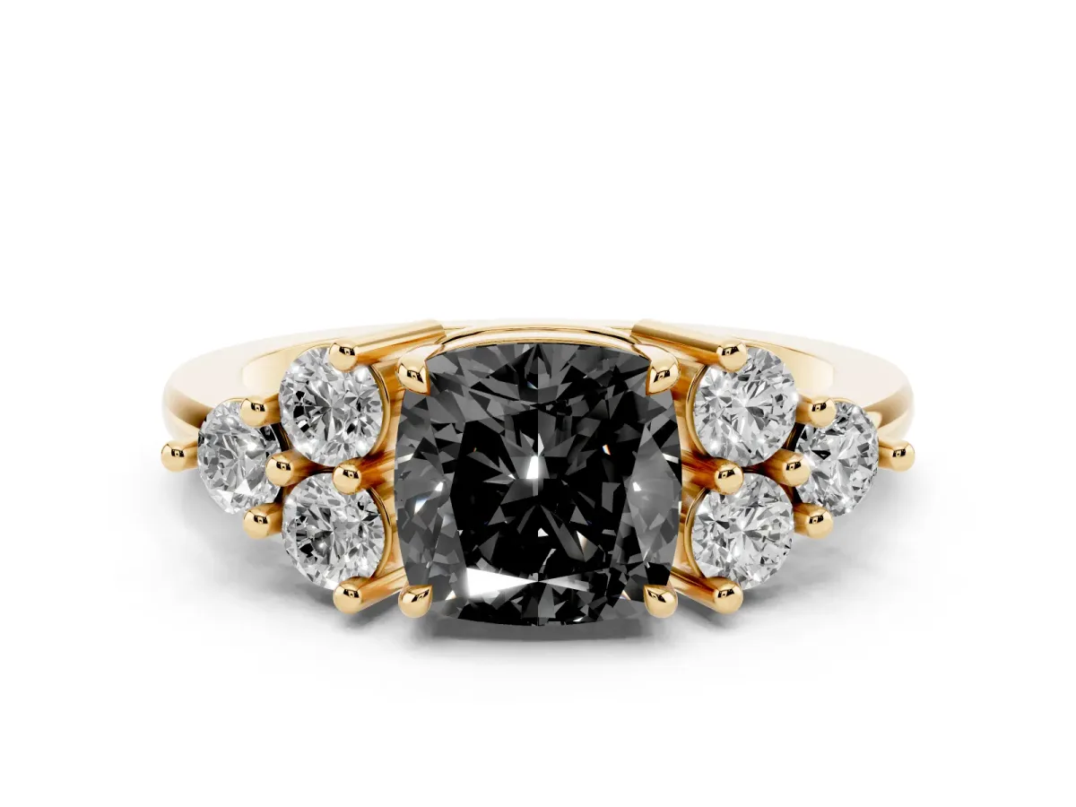 Fancy Black Cushion Cut Brilliant Diamond Cluster Accent Solitaire Ring with Prong Setting Yellow gold