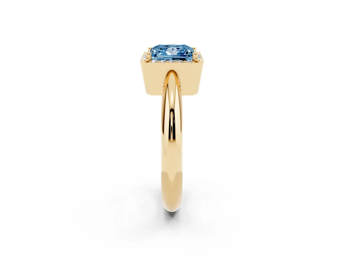 Fancy Blue Princess Cut Cut Diamond Halo Engagement Ring with Split Shank and Four-Prong Setting Yellow gold