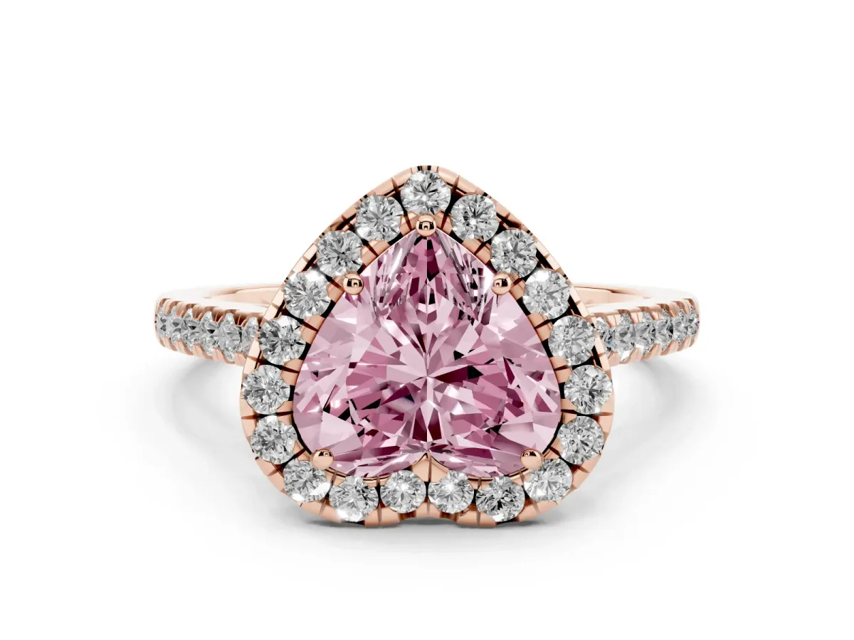 Fancy Pink Heart Cut Halo Pave Diamond Engagement Ring with Four-Prong Setting Rose gold