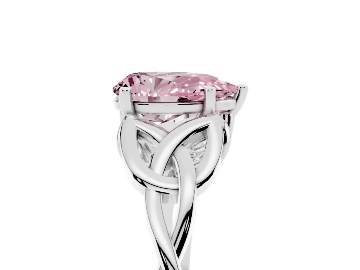 Fancy Pink Pear Cut Diamond Solitaire Engagement Ring with Celtic Knot Band and Four-Prong Setting Silver
