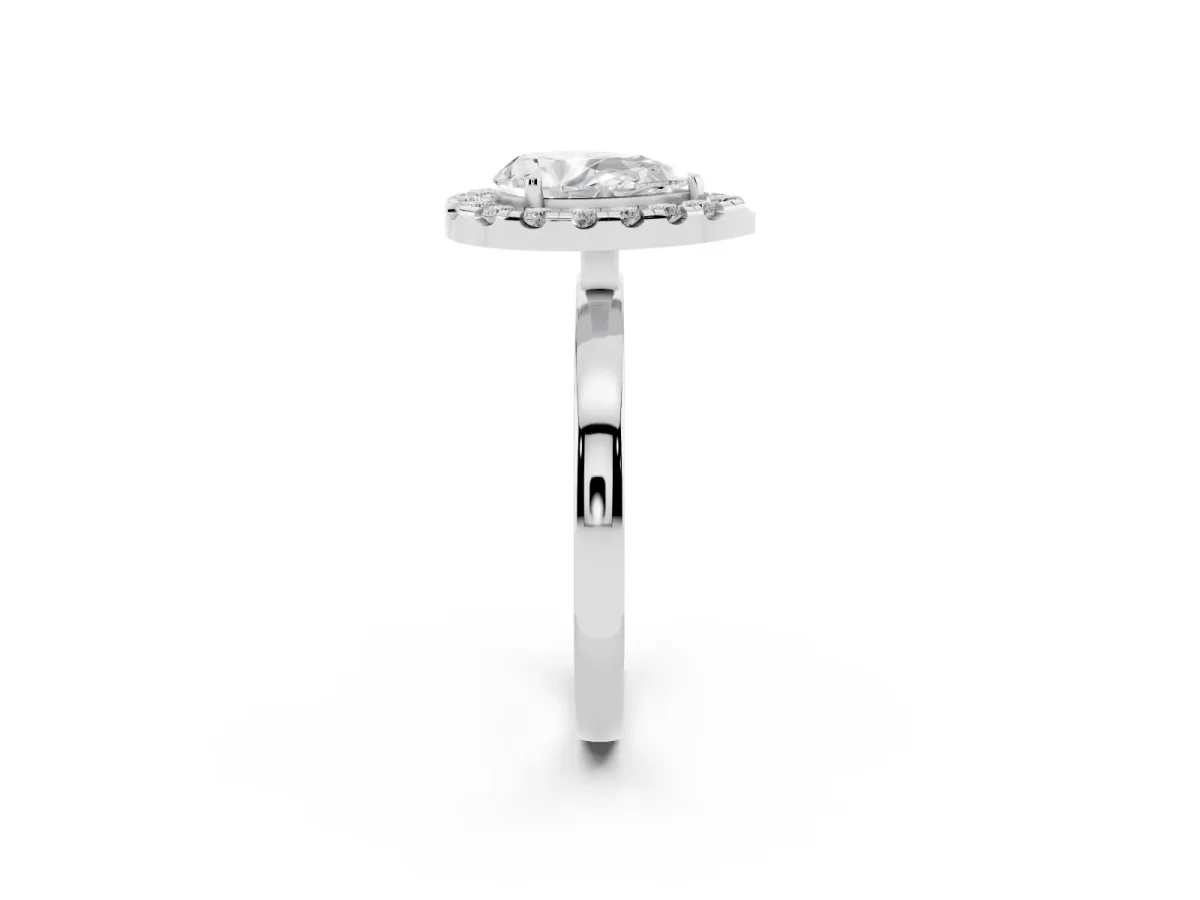 Pear Cut Halo Diamond Solitaire with Pavé Band and Four-Prong Setting Platinum