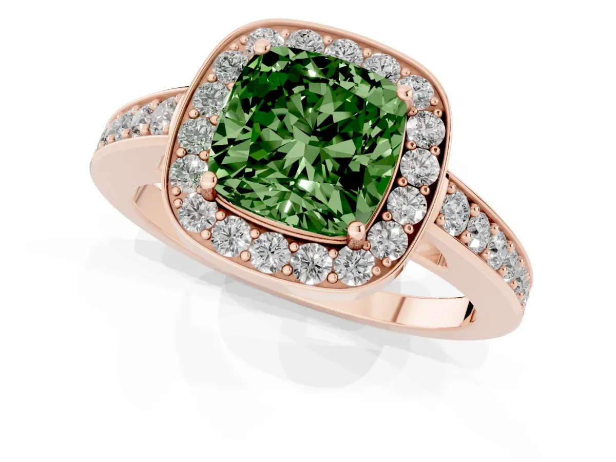 Fancy Green Cushion Cut Halo Pavé Diamond Engagement Ring with Bezel Setting Rose gold